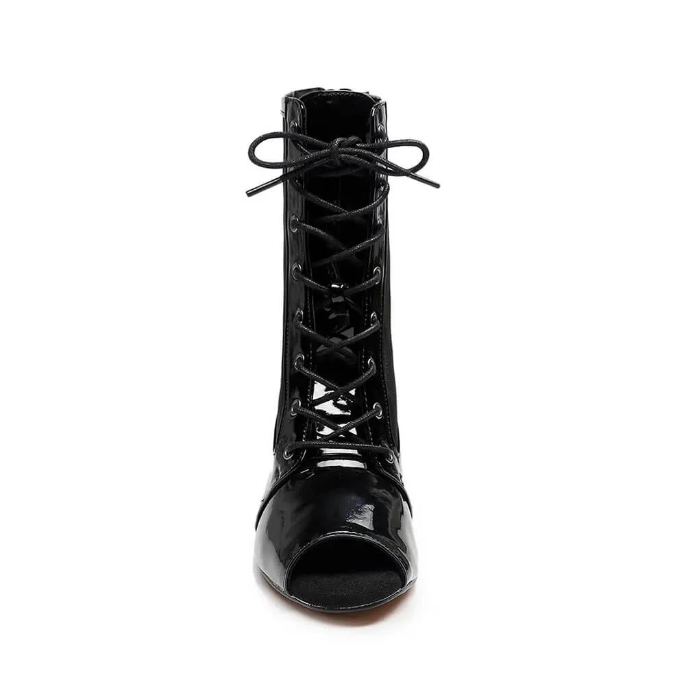 Women's Black Leather Mesh Zipper Heels Ankle Booties