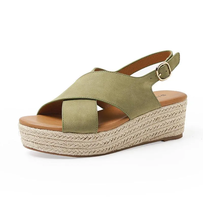Women's Cross Strap Fish Mouth Wedge Heel Hemp Rope Platform Platform Sandals