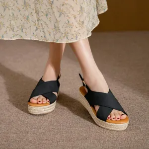 Women's Cross Strap Fish Mouth Wedge Heel Hemp Rope Platform Platform Sandals