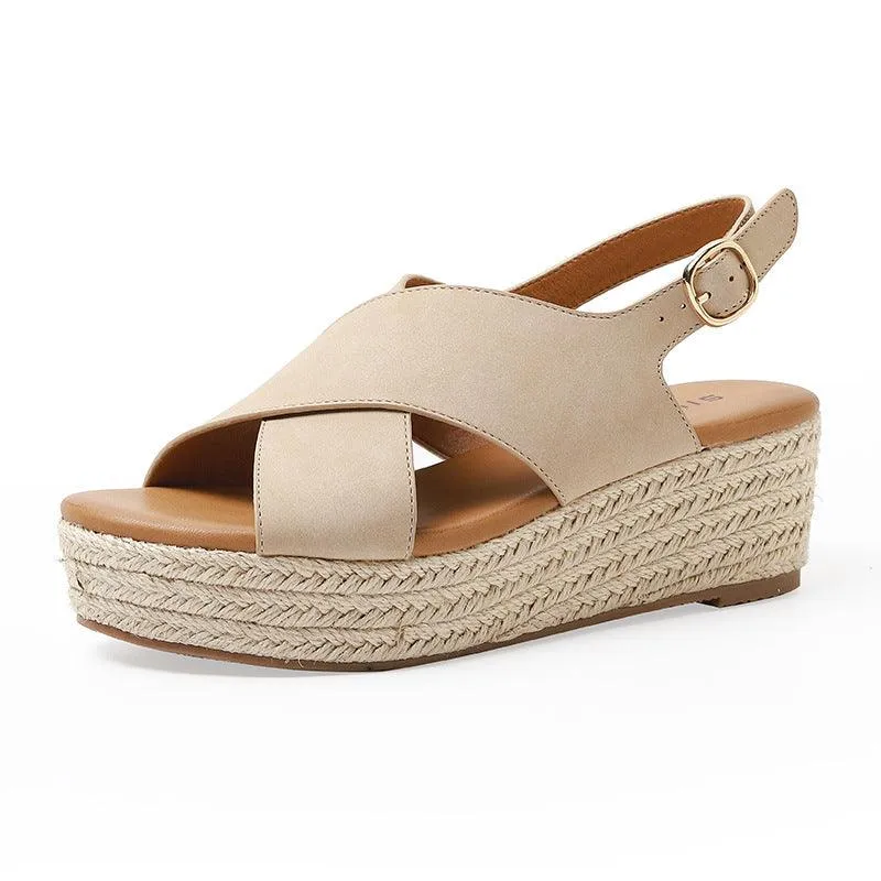 Women's Cross Strap Fish Mouth Wedge Heel Hemp Rope Platform Platform Sandals